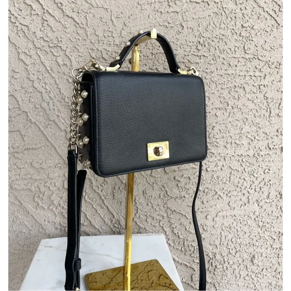 KATE SPADE Black Glitter Leather Serrano Place Pearl Mini Satchel Crossbody Bag